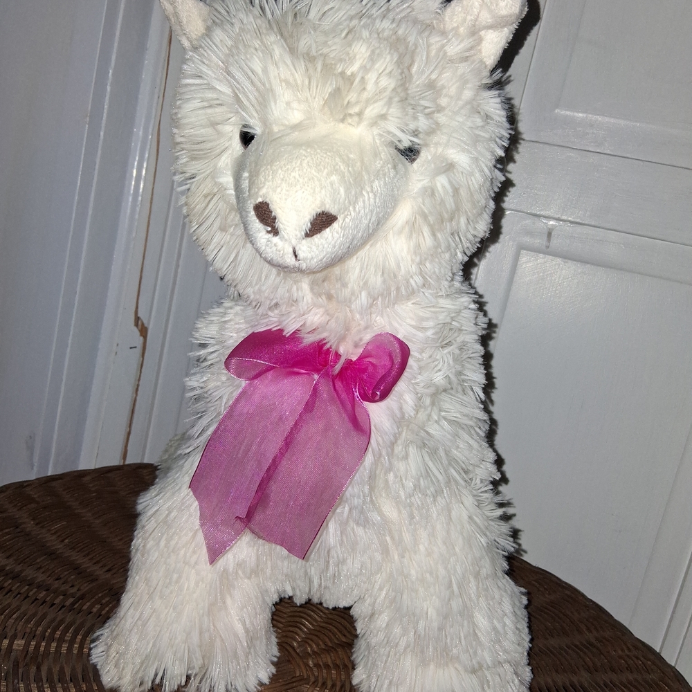 White Plush Llama with Pink Bow 18"DX15"H